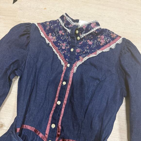 Gunne Sax Vintage 1970's Denim Prairie Dress Cottagecore Victorian Size XXS / XS - Picture 2 of 6